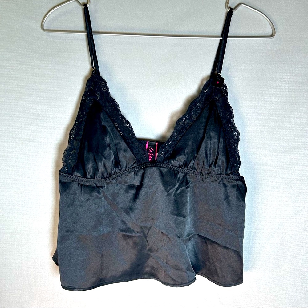 NWT La Senza Black Satin Baby Doll Crop Top Cami Camisole with Lace Trim. Size M